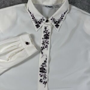 Vintage Koret Blouse Women's 16 Ivory Long Sleeve Beaded Embroidered Button Up